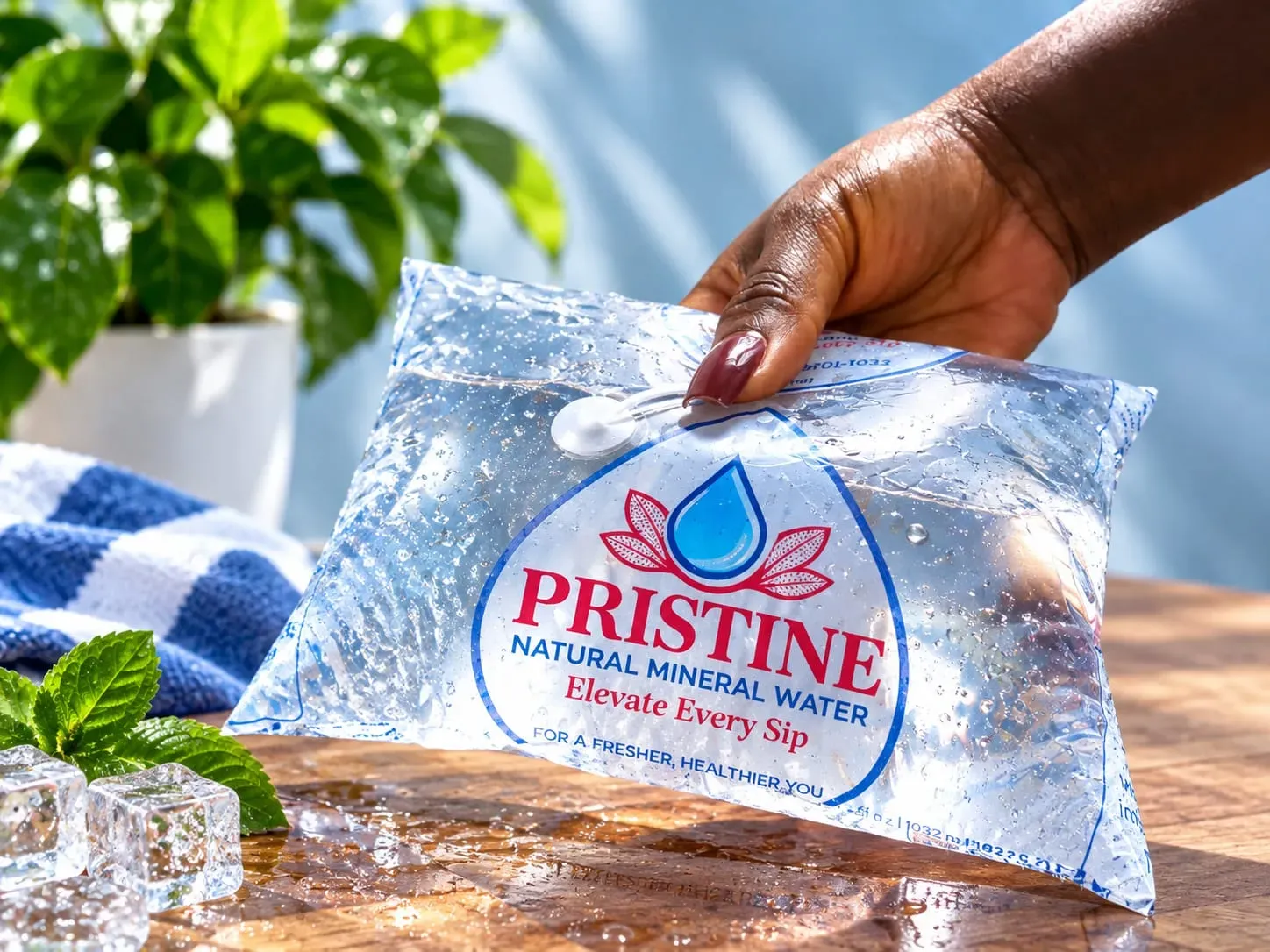 A chilled Pristine sachet being lifted from a board of ice